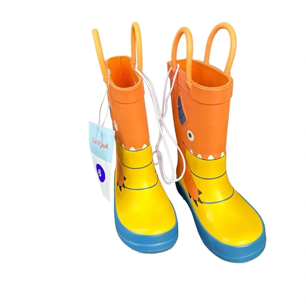 NWT Cat & Jack Toddler Boy's Waterproof Rainboots Leif Orange Monsters Size 6 - Picture 2 of 4